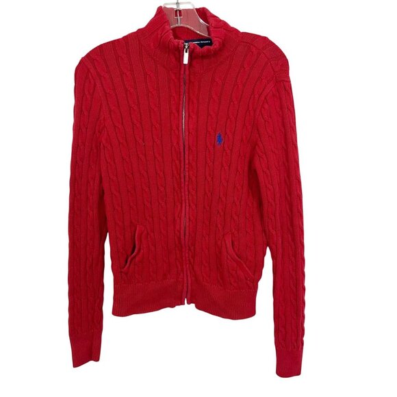 Vintage Ralph Lauren Sport Red Cable Knit Full Zip Cardigan Jacket Size Large - Picture 1 of 5